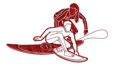 Surfer Action Group of Surfing Sport Male and Female Players Cartoon Graphic Vector