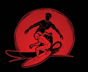 Surfer Action Group of Surfing Sport Male and Female Players Cartoon Graphic Vector