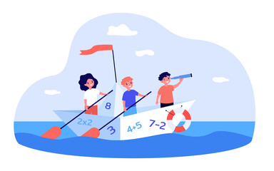 Cute kids sailing on boat with numbers. Math, study, sea flat vector illustration. Education and exploration concept for banner, website design or landing web page