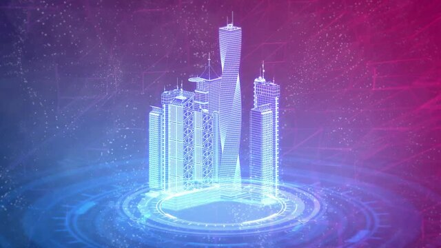 poligonal city buildings rotates, cg industrial 3D animation