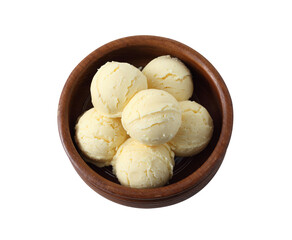 Vanilla ice cream in wooden cup on white background