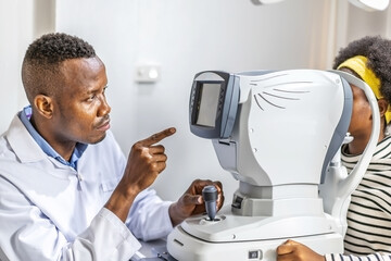 Male doctor ophthalmologist is checking the eye vision of black african american teen girl in modern clinic. Doctor and patient in ophthalmology clinic.