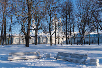 View to Smolny Cathedral from Smolny park. Sunny winter day. Sankt Petersburg, Russia.