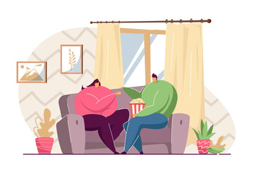 Cartoon couple eating popcorn at home. Flat vector illustration. Man and woman sitting on cozy couch in living room, spending evening time together. Family, food, weekend concept for banner design