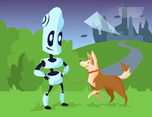 Cartoon robot walking dog in park illustration. Mechanical character smiling with happy pet on leash, silhouette of tall buildings in background. Modern robots, pets, artificial intelligence concept