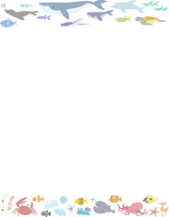 海の動物のかわいいフレーム(白背景ー縦長)