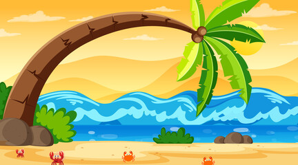 Tropical beach landscape scene with a big coconut tree