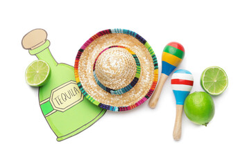 Mexican sombrero, maracas, lime and drawn tequila on white background
