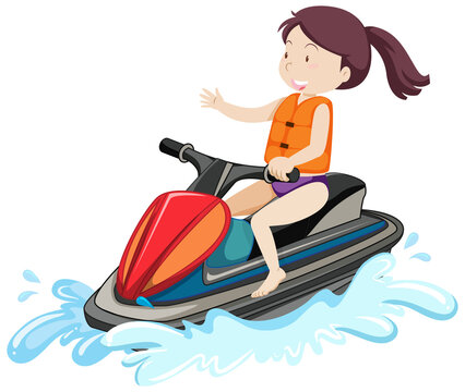recommend clip art: A woman driving jet ski cartoon character isolated on white background