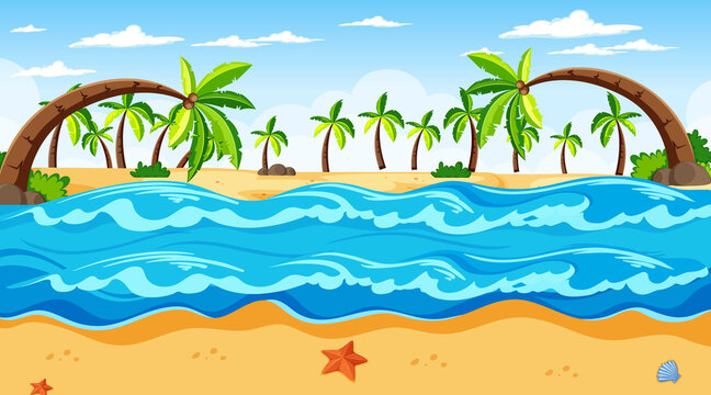 Tropical beach landscape scene with many palm trees at day time