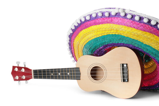 Mexican Sombrero And Guitar On White Background