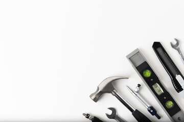 All tools supplies home construction on the white table background Isolated. Building tool repair equipments.