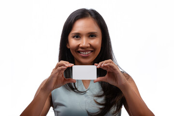 happiness and people concept - close up portrait of smiling asian young businesswoman showing white business or name card isolated over white background