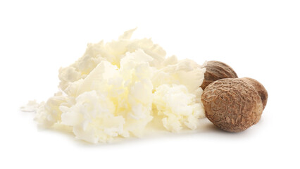 Shea butter with nuts on white background