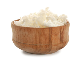 Wooden bowl with shea butter on white background