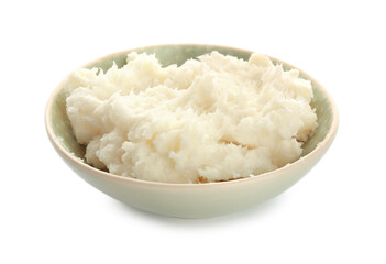 Bowl with shea butter on white background