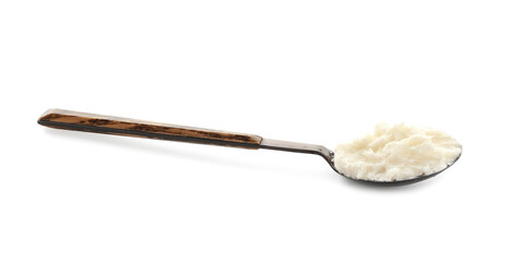 Spoon with shea butter on white background