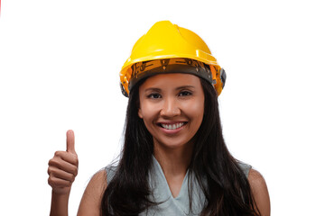 Close up portrait of asian smiling woman architect showing thumbs up gesture, isolated over white background