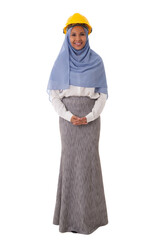 Full length portrait of asian muslim smiling woman engineer in blue hijab and yellow helmet, isolated over white background