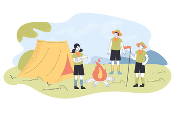 Fototapeta premium Children scouts making fire in camp. Cartoon kids in forest or mountains, campfire, tent flat vector illustration. Camping, scouts, adventure concept for banner, website design or landing web page