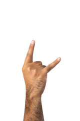 Hand man showing Rock sign on isolated white background. With clipping path.