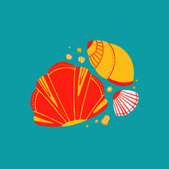Cartoon illustration of seashells with sands with doodle ornament on blue background. Flat drawing ocean inhabitants with boho pattern. Vector molluscs, shells and snails with decoration
