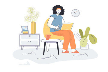 Fototapeta premium Young woman working on laptop from home. Female cartoon character with computer flat vector illustration. Home office, quarantine, freelancing concept for banner, website design or landing web page