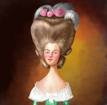 Old style portrait, 17th, 18th century. Detailed caricature of an old era woman, old fashion. High hairstyle wig, blonde hair, roses and feathers in the hairstyle