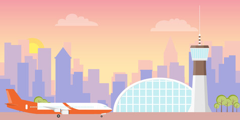 The airport. Airport building and plane on the runway. Vector. cartoon illustration. Vector.