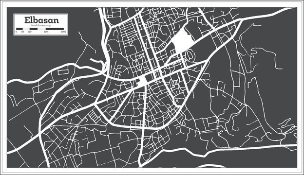 Elbasan Albania City Map in Black and White Color in Retro Style. Outline Map.