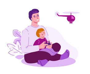 Father and son are playing with a radio-controlled helicopter. Happy family .Vector illustration in flat cartoon style. Isolated on a white background.