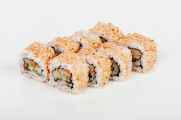 Sushi rolls isolated on white background. Sushi roll with cucumber, shrimp and sesame seeds