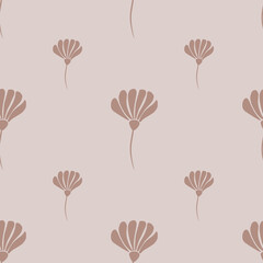 Minimalistic seamless pattern with beige colored flower ornament. Beige print on light blue background.