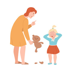 Annoyed Mother Scolding Her Daughter for Ripped Teddy Bear Vector Illustration