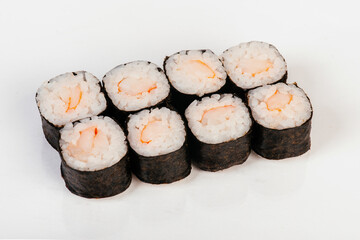 Sushi rolls with shrimp. Isolated on white background. 