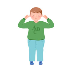 Little Boy Closing His Ears for Stopping Hearing Something Vector Illustration