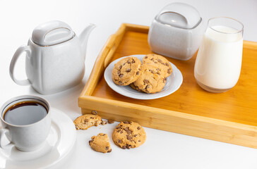 breakfast with coffee, cookies and milk