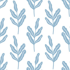 Isolated seamless pattern with blue foliage leaves ornament. White background. Scrapbook style.
