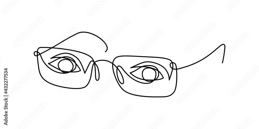 Wall mural Glasses with abstract human eyes in continuous line art drawing style. Corrective eyeglasses. Clear vision minimalist black linear sketch isolated on white background. Vector illustration