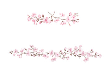 Obraz na płótnie Canvas Sakura or Cherry Blossom Twigs Arranged in Border Line Vector Illustration