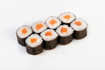 Sushi rolls with salmon. Isolated on white background. 