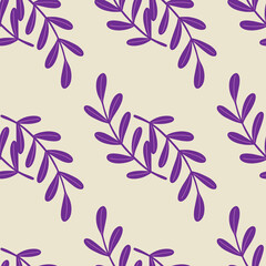 Isolated seamless pattern with big purple leaf branches silhouettes. White background. Botany print.