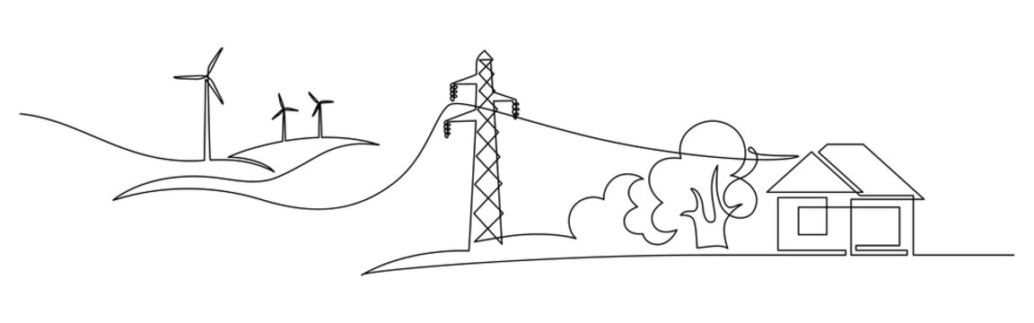 Wind energy in continuous line art drawing style. Landscape with wind turbines producing electricity, power line and abstract private home consumer. Black linear design isolated on white background