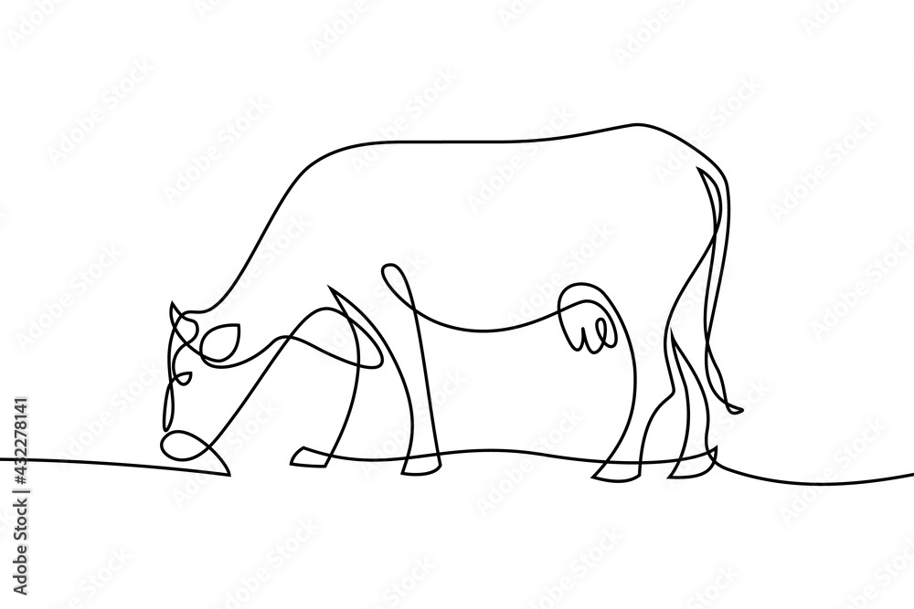 Wall mural Cow on pasture in continuous line art drawing style. Grazing cow minimalist black linear sketch isolated on white background. Vector illustration