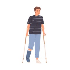 Bone injury or fracture of young patient. Man walking with crutches and gypsum on broken leg. Rehabilitation and treatment after accident. Colored flat vector illustration isolated on white background