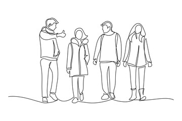 Young people walking together and talking. Group of friends rest and communicate. Continuous line art drawing style. Black linear sketch isolated on white background. Vector illustration - obrazy, fototapety, plakaty
