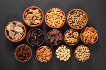 Dried fruits and mixed nuts. Healthy foods.