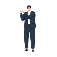 Musician playing flute, standing in suit. Flutist performing classic music on wind instrument. Solo performance of talented flautist. Colored flat vector illustration isolated on white background