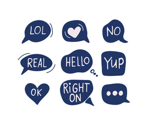 Bubble talk phrases. Online chat clouds with different words comments information shapes vector, lol, hello, no, yup.