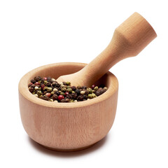 black round pepper spice in wooden bowl or mortar on white background